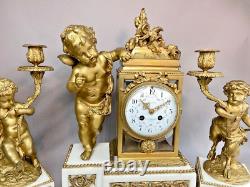 Antique French Louis XVI Marble Clock & Candelabra Set, Circa 1900, Bronze