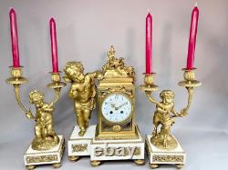 Antique French Louis XVI Marble Clock & Candelabra Set, Circa 1900, Bronze