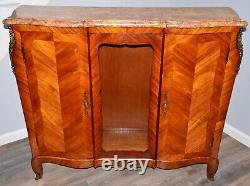 Antique French Louis XVI Marble Top Bronze Inlaid Bookcase Commode Curio Cabinet