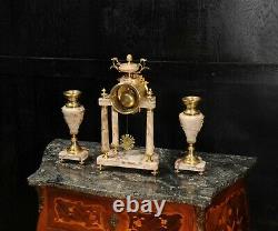 Antique French Louis XVI Marble and Ormolu Portico Clock Set by Ferdinand Verger