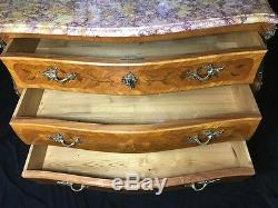 Antique French Louis XVI Style Bombe Marquetry Marble Top Credenza Chest Drawers