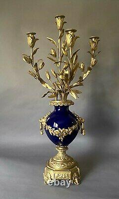 Antique French Louis XVI Style Bronze Coblat Blue Porcelain 4-Arm Candelabra