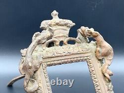 Antique French Louis XVI Style Ornate Bronze Gargoyles Photo Frame Easel Back