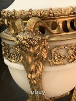Antique French Louis XVI Style Pair Marble Gilt Bronze Casolettes, Vases With Ram