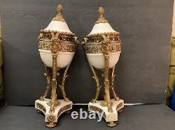 Antique French Louis XVI Style Pair Marble Gilt Bronze Casolettes, Vases With Ram