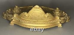 Antique French Louis XVI Style Victorian Gilt Bronze Double Inkwell