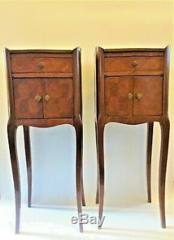Antique French Louis XVI Tulip Wood Parquetry Bedside Table Pair