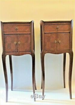 Antique French Louis XVI Tulip Wood Parquetry Bedside Table Pair