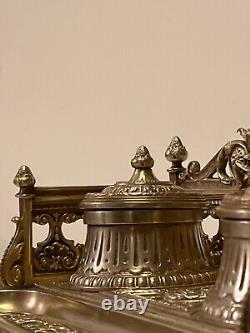 Antique French Louis XVI bronze Flame Finial Pen & Inkwell Desk set