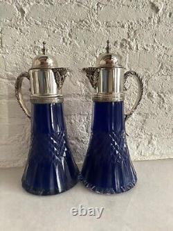 Antique French Louis XVI set of two crystal carafes/decanters silver plate