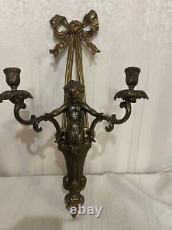 Antique French Louis XVI style Cherub Candle Wall Scone Holder Candelabra Iron