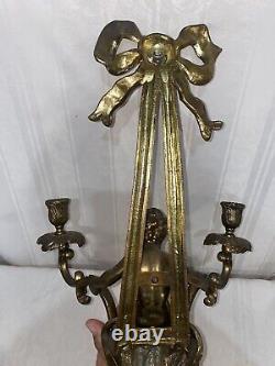 Antique French Louis XVI style Cherub Candle Wall Scone Holder Candelabra Iron