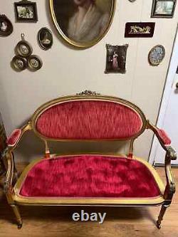 Antique French Louis XVI style Gold Wooden Red Velvet Settee/Sofa