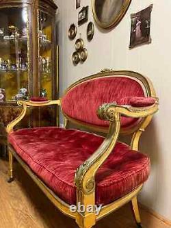 Antique French Louis XVI style Gold Wooden Red Velvet Settee/Sofa