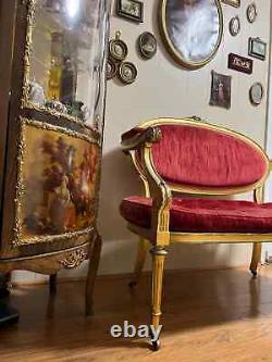 Antique French Louis XVI style Gold Wooden Red Velvet Settee/Sofa