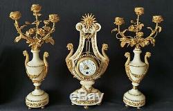 Antique French Lyre Clock Set Louis XVI Style Stunning Candelabras Mystery Clock
