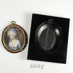 Antique French Miniature Portrait Painting, Gilt Bronze & Garnet Jeweled Frame
