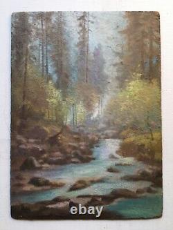 Antique French Oil Impressionism Painting Landscape Stream in the Undergrowth