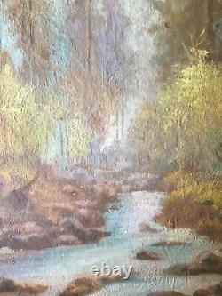 Antique French Oil Impressionism Painting Landscape Stream in the Undergrowth
