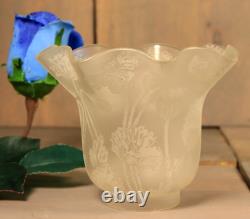 Antique French Oil Lamp Shade Acid Etched Glass Poppy Flowers St Louis c1900