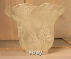 Antique French Oil Lamp Shade Acid Etched Glass Poppy Flowers St Louis c1900