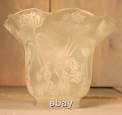 Antique French Oil Lamp Shade Acid Etched Glass Poppy Flowers St Louis c1900