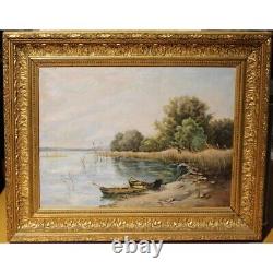 Antique French Oil Painting On Canvas Landscape Lakeside Signed LV