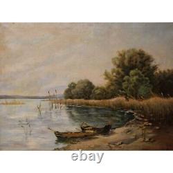 Antique French Oil Painting On Canvas Landscape Lakeside Signed LV