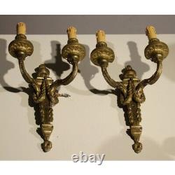 Antique French Pair of Bronze Wall Sconces 2 Lights Louis XVI Style Home Decor