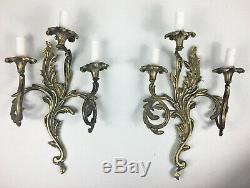 Antique French Pair of Solid Brass Rococo Louis XVI 3 Arm Wall Light Lamp Sconce