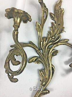Antique French Pair of Solid Brass Rococo Louis XVI 3 Arm Wall Light Lamp Sconce