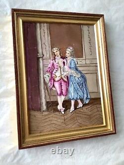 Antique French Porcelain Plaque Hand Painted Gallant Scene At The Palace Signed