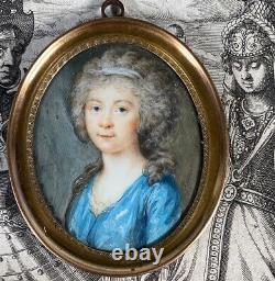 Antique French Portrait Miniature, Artist Signed, Era of Louis XVI & Antoinette