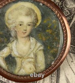 Antique French Portrait Miniature Jewelry, Grand Tour Souvenir Louis XVI Girl