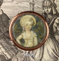 Antique French Portrait Miniature Jewelry, Grand Tour Souvenir Louis XVI Girl