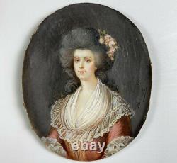 Antique French Portrait Miniature, Louis XVI Courtier, Lady in Wig & Wood Frame
