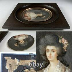 Antique French Portrait Miniature, Louis XVI Courtier, Lady in Wig & Wood Frame