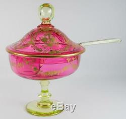 Antique French Raised Gold Enameled Punch Bowl, Ladle, St. Louis, Pink & Green