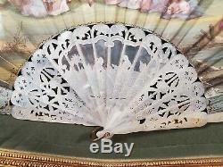 Antique French Rococo Painted Fan Mother Of Pearl Baroque 18th 19th C Louis XVI