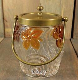 Antique French ST SAINT LOUIS Crystal Biscuit Jar Cookie Pot Amber Flower Signed