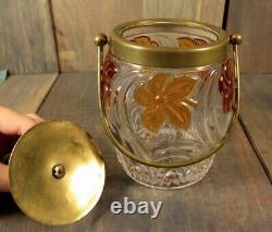 Antique French ST SAINT LOUIS Crystal Biscuit Jar Cookie Pot Amber Flower Signed
