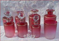 Antique French Saint Louis Cut Gilt Cranberry Crystal Glass Vanity Perfume Set