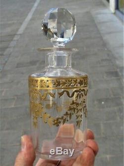 Antique French Saint Louis Glass Perfume Bottle Gilded Swags -Cut Stopper