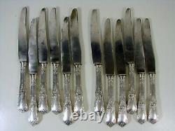 Antique French Set 12 Dinner Knives Louis XVI Silver Plated Handles Steel Blades