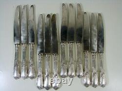 Antique French Set 12 Dinner Knives Louis XVI Silver Plated Handles Steel Blades