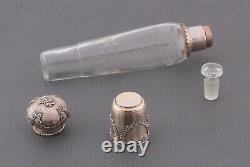 Antique French Silver 800 and Vermeil Engraved Crystal Liquor Flask 19 Th C
