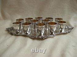 Antique French Silverplate Liquor Goblets & Tray, 13 Pieces, Early XX Century