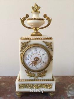 Antique French Small Bronze Marble Clock & 2 Candlesticks Louis XVI Style 19th C