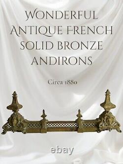 Antique French Solid Bronze Pair Of Andirons Louis XVI Adjustable Fender