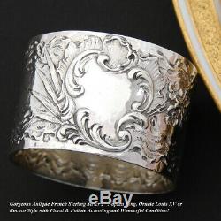 Antique French Sterling Silver 2 Napkin Ring, Louis XV or Rococo Style, Floral